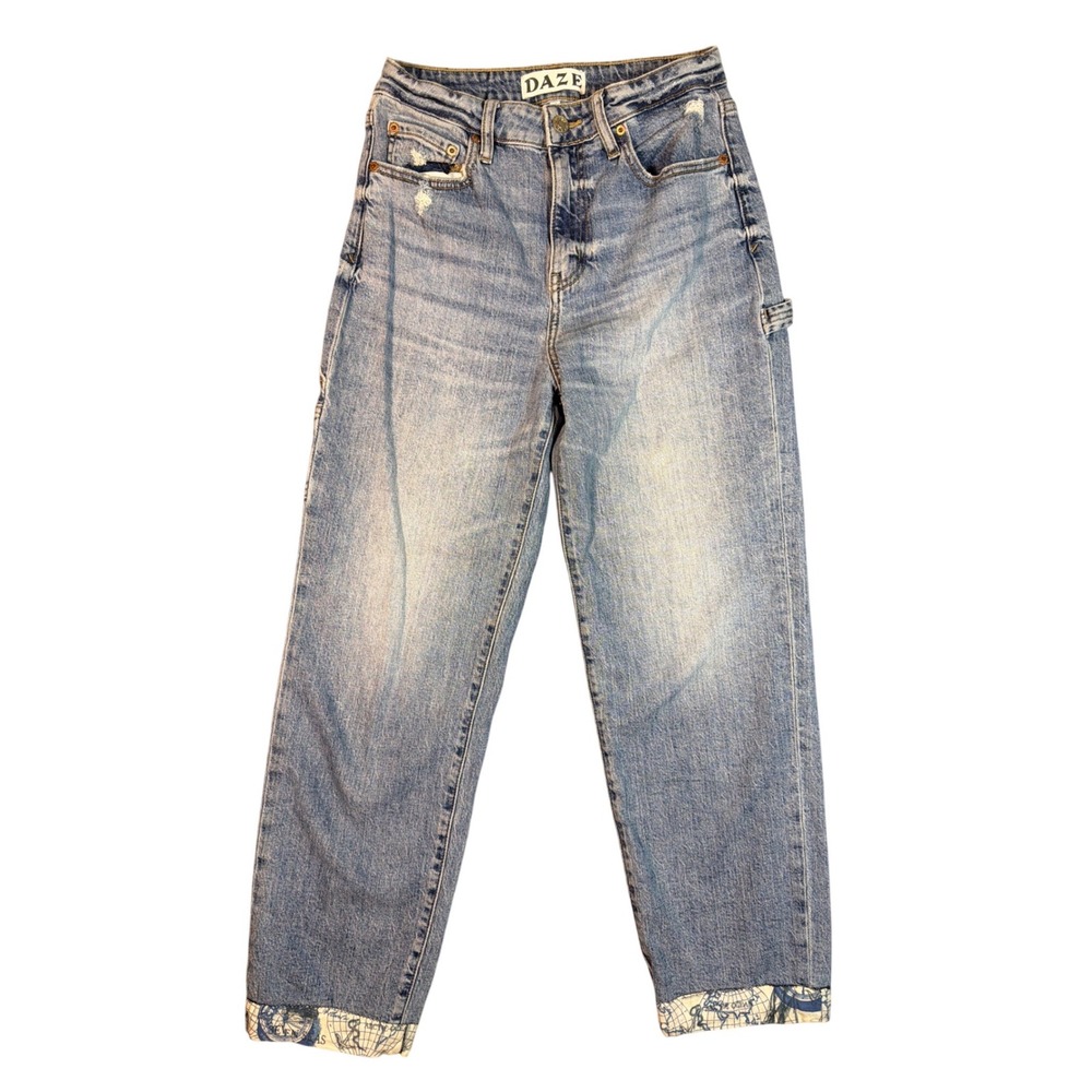 DAZE Tough Love Carpenter Jeans Womens 25 Blue Map Print Cuff High Rise Straight